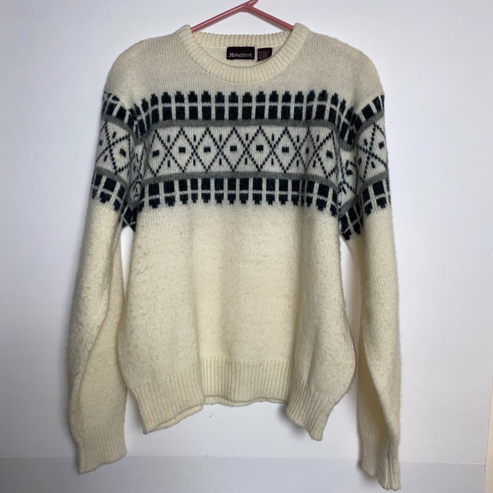 Vintage Grandpa Sweater Mens Large Geometric Ivory Eclectic Trendy Pullover